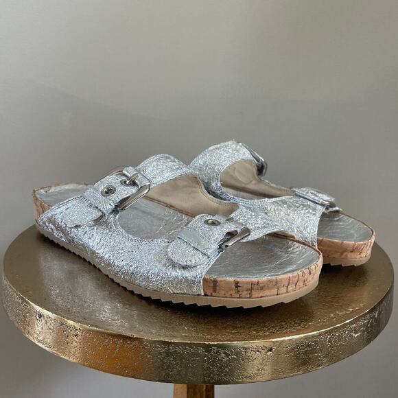 Stuart Weitzman Metallic Silver Leather Sandals | 6.5, Rare Birkinstock Style - Picture 2 of 9